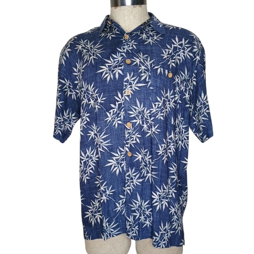 Vintage 90's M.E Sport Mens Blue Hawaiian floral Print Button Up Shirt Size L